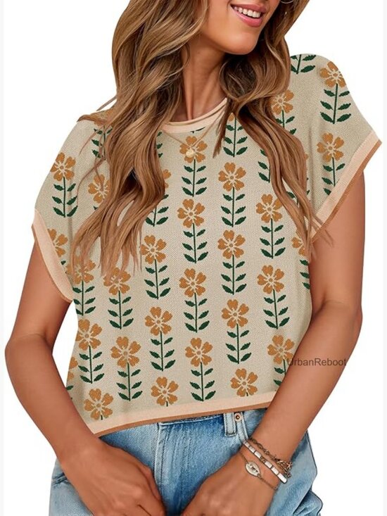 Tops - Women's Floral Short Sleeve Sweater Vest Crewneck Loose Knit Tank Top